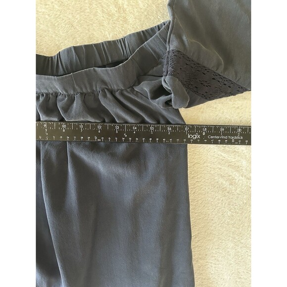 ECRU Silk Off The Shoulder Blouse Crochet Lace Hem Lined Dark Blue Sz XS Luxury - Picture 9 of 10